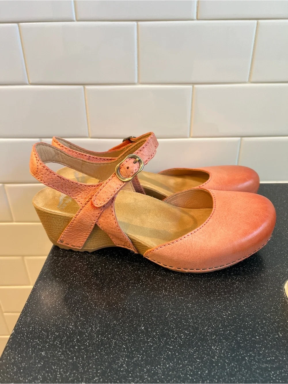 Dansko Women's Coral Pink Leather Mary Jane Wedge Sandals size 41
